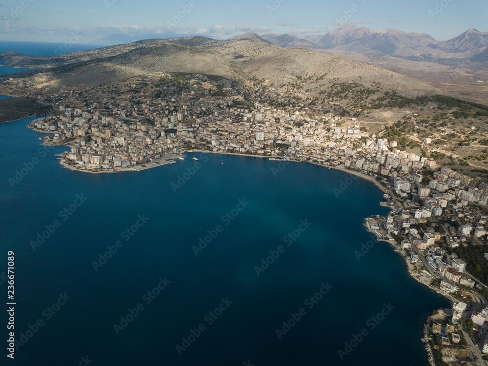 Drone photo of saranda Albania. a Mediterranean city located in Europe, near Greece and Italy  