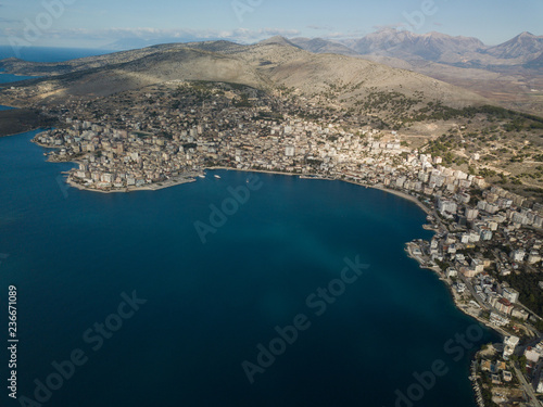 Drone photo of saranda Albania. a Mediterranean city located in Europe, near Greece and Italy 