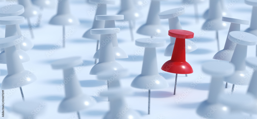Difference concept. Red pushpin or thumbtack and many white ones. 3D rendered illustration. Difference concept. Red pushpin or thumbtack and many white ones. 3D rendered illustration.