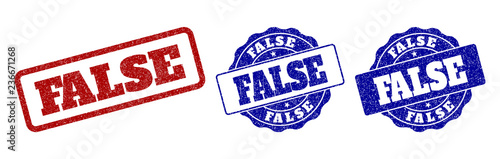 FALSE grunge stamp seals in red and blue colors. Vector FALSE watermarks with grunge texture. Graphic elements are rounded rectangles, rosettes, circles and text titles.