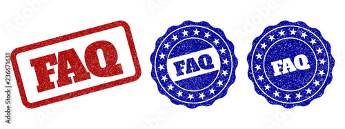 FAQ grunge stamp seals in red and blue colors. Vector FAQ labels with grunge style. Graphic elements are rounded rectangles, rosettes, circles and text labels. Designed for rubber stamp imitations. photo