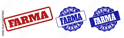 FARMA grunge stamp seals in red and blue colors. Vector FARMA imprints with grunge texture. Graphic elements are rounded rectangles, rosettes, circles and text labels.