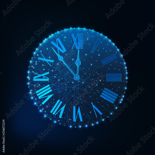 Happy New Year greeting card with glowing low poly roman numeral clock on dark blue background.