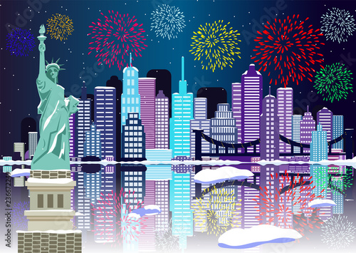 New Year background New York city with fireworks. Cityscape Building Line new york city and firework art Vector Illustration design. New York city and Liberty Statue with firework illustration.