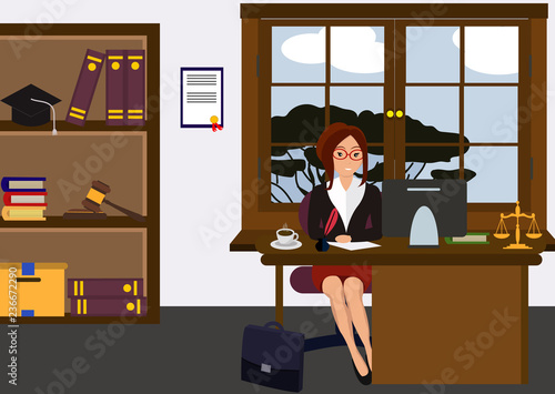 Woman lawyer at her work desk. Beautiful young girl sitting at the table, working with pc. Cartoon cute design. Businesswoman flat style. Colorful vector illustration.