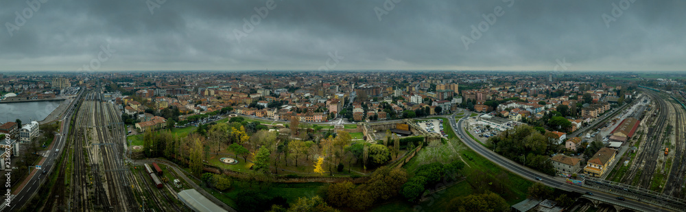 Aerial view of Ravenna with the Rocca Brancaleone castleon a gloomy winter morning in Emilia Romagna Italy