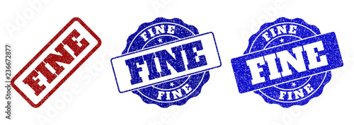 FINE grunge stamp seals in red and blue colors. Vector FINE watermarks with grunge texture. Graphic elements are rounded rectangles, rosettes, circles and text tags.