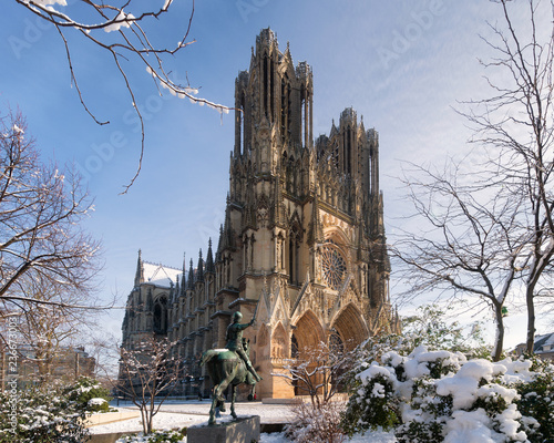 Beautiful snow in Reims city center, Champagne region, France