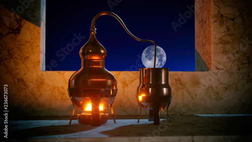 Copper alembic distiller 3d illustration