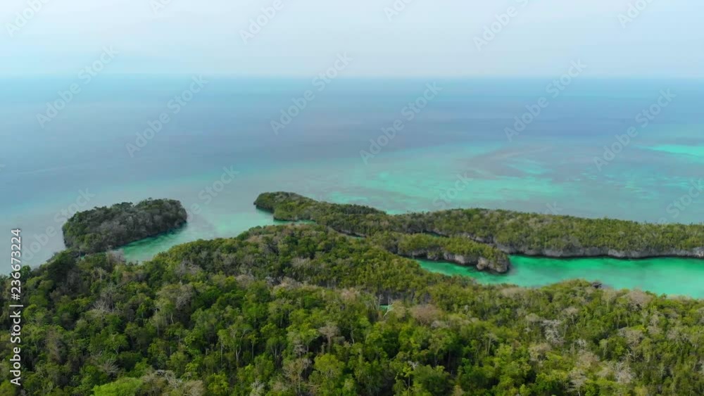 Aerial: flying over tropical paradise pristine coast line rainforest blue lake at Bair Island. Indonesia Moluccas archipelago, Kei Islands, Banda Sea. Top travel destination, best diving snorkeling Aerial: flying over tropical paradise pristine coast line rainforest blue lake at Bair Island. Indonesia Moluccas archipelago, Kei Islands, Banda Sea. Top travel destination, best diving snorkeling