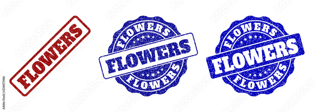 FLOWERS grunge stamp seals in red and blue colors. Vector FLOWERS imprints with grunge surface. Graphic elements are rounded rectangles, rosettes, circles and text tags. FLOWERS grunge stamp seals in red and blue colors. Vector FLOWERS imprints with grunge surface. Graphic elements are rounded rectangles, rosettes, circles and text tags.