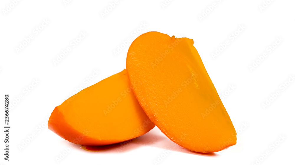 Whole and slices of fresh ripe persimmons isolated on white background Whole and slices of fresh ripe persimmons isolated on white background