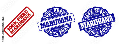 100% PURE MARIJUANA scratched stamp seals in red and blue colors. Vector 100% PURE MARIJUANA marks with draft surface. Graphic elements are rounded rectangles, rosettes, circles and text titles.