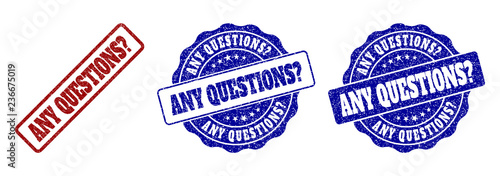 ANY QUESTIONS? grunge stamp seals in red and blue colors. Vector ANY QUESTIONS? imprints with grunge surface. Graphic elements are rounded rectangles, rosettes, circles and text titles.