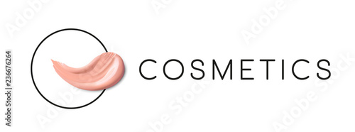 Cosmetic Logo concept. Design of Lliquid foundation smudge smear stroke. Makeup design template with place for text. Foundation and lipstick smear stroke.