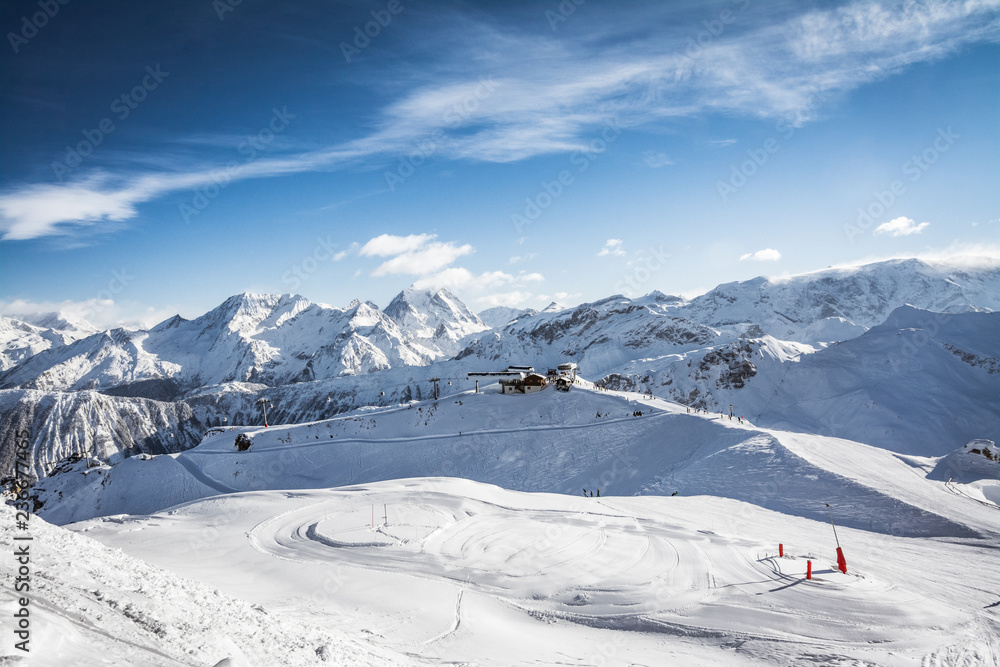 Sun on the ski slopes in Courchevel, Savoy French Alps