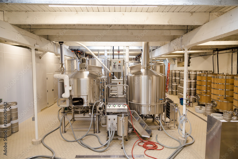 Equipment room in a microbrewery used in beer production.