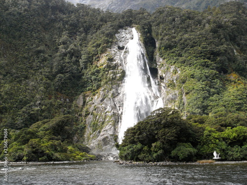 Milford Sound New Zealand-March 21  2010  A waterfall at Milford Sound