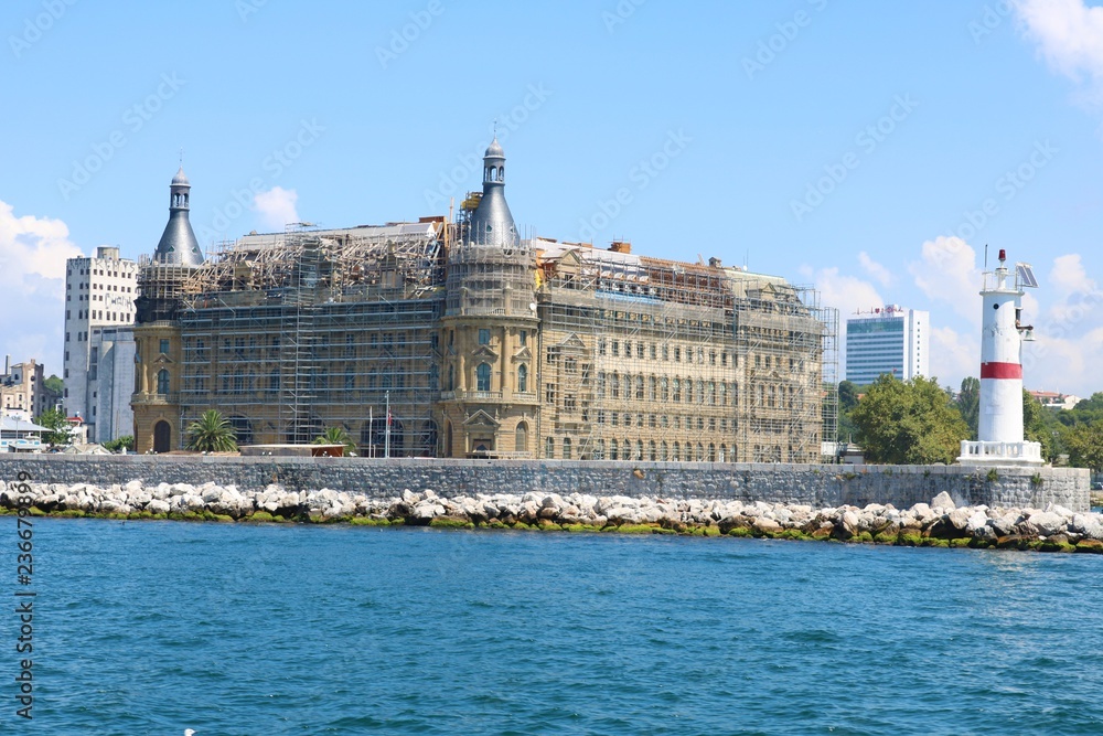 Haydarpasa railway station is being restored after roof fire. Haydarpasa train station in Istanbul city.