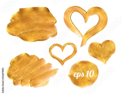 Gold paint brush stroke and stain set. Vector