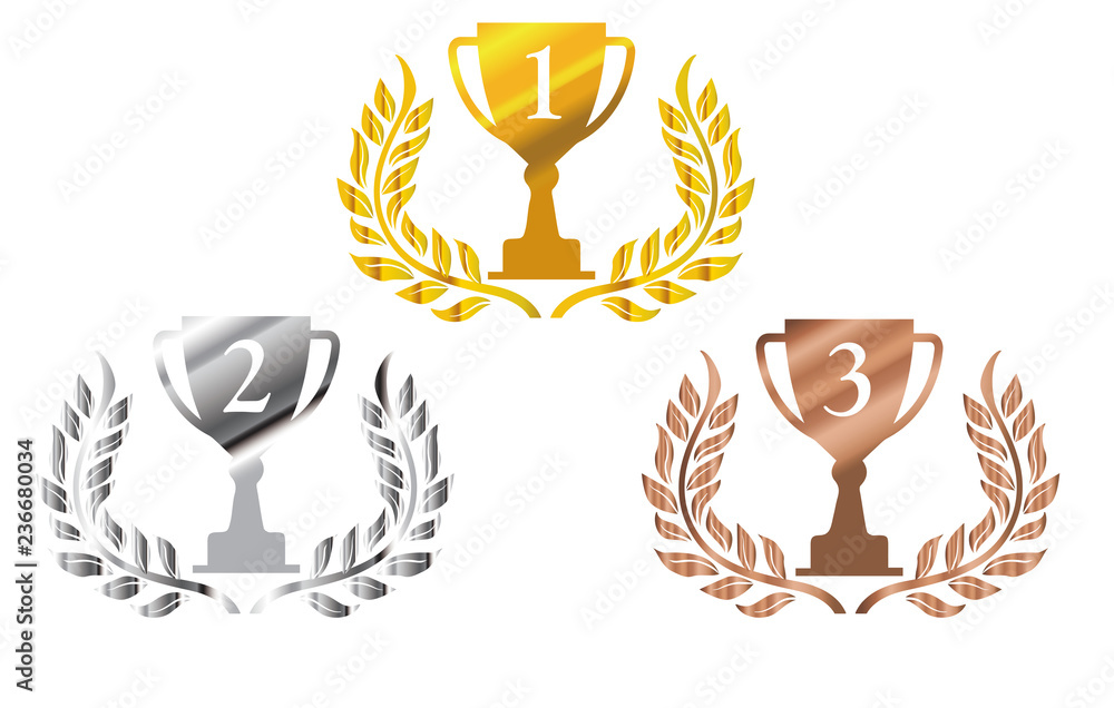 金銀銅の月桂樹 ローレルつきトロフィーのイラストセット 1位 3位のトロフィー Trophy Illustration Vector De Stock Adobe Stock