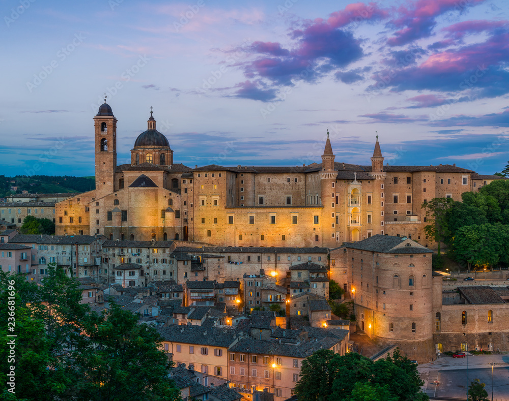 Panorama in Urbino at sunset, city and World Heritage Site in the Marche region of Italy.