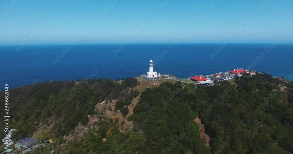 Aerial Drone Shot of Byron Bay Lighthouse, Sunny Clear Sky, Australia, New South Wales Aerial Drone Shot of Byron Bay Lighthouse, Sunny Clear Sky, Australia, New South Wales