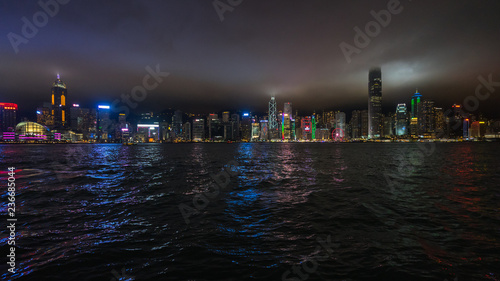 Wide night panorama of Hong Kong Island skyline from Hong Kong Convention and Exhibition Centre on the left and Central district skyscrapers on the right photo