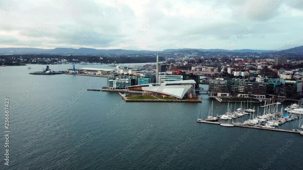 Crane downwards aerial drone shot of Aker Brygge and Filipstad in Oslo, Norway Crane downwards aerial drone shot of Aker Brygge and Filipstad in Oslo, Norway