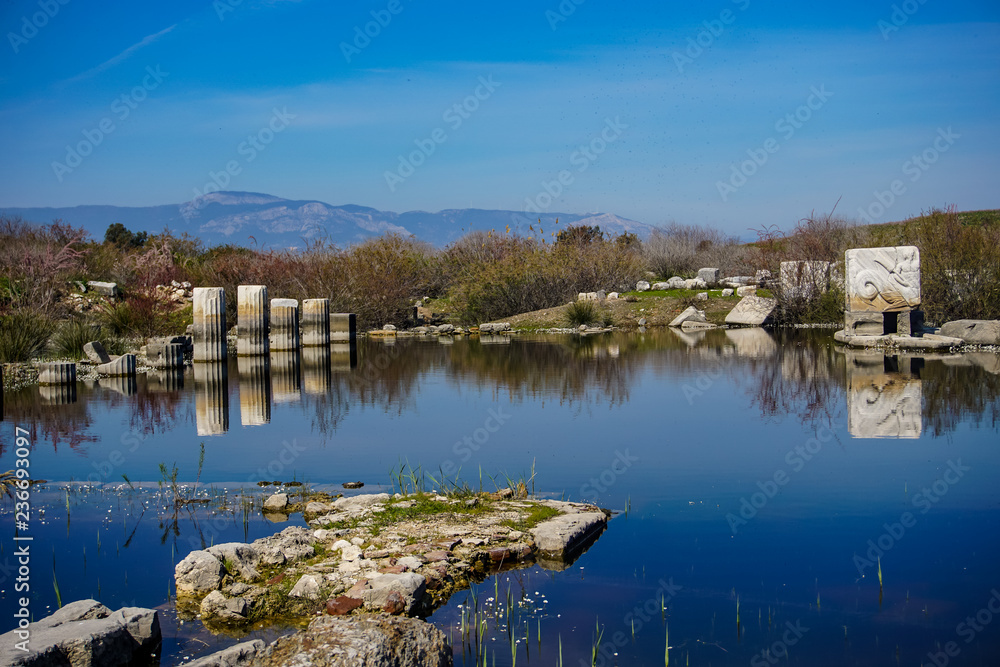 Flooded ancient city, Miletos, Aydın, Turkey. Columnar reflection.
