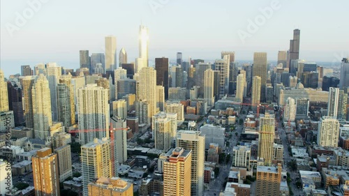 Aerial sunlight sunset view of Trump Tower Chicago Illinois Metropolitan Technology city skyline Skyscraper buildings Downtown Business District USA 