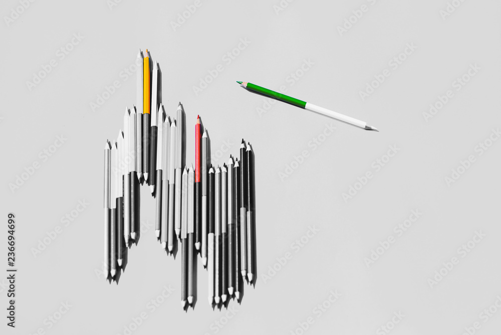 Black and white picture of pencils colour. But there are someting that are colored. / Difference concept. Black and white picture of pencils colour. But there are someting that are colored. / Difference concept.