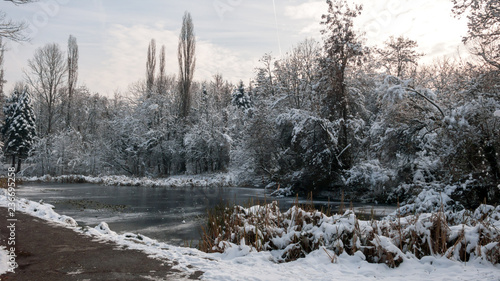 Winter Landscape of South Park with snow covered trees in city of Sofia, Bulgaria