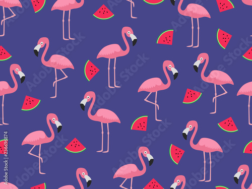 Seamless pattern of flamingo with slice watermelon on blue background - Vector illustration
