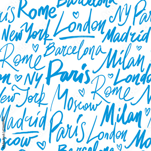 Seamless pattern with names of world cities. Hand drawn brush calligraphy illustration