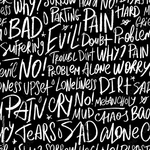 Vector seamless pattern with the bad words Pain, dirt, upset, angry, evil, tears and others. Handwritten pattern