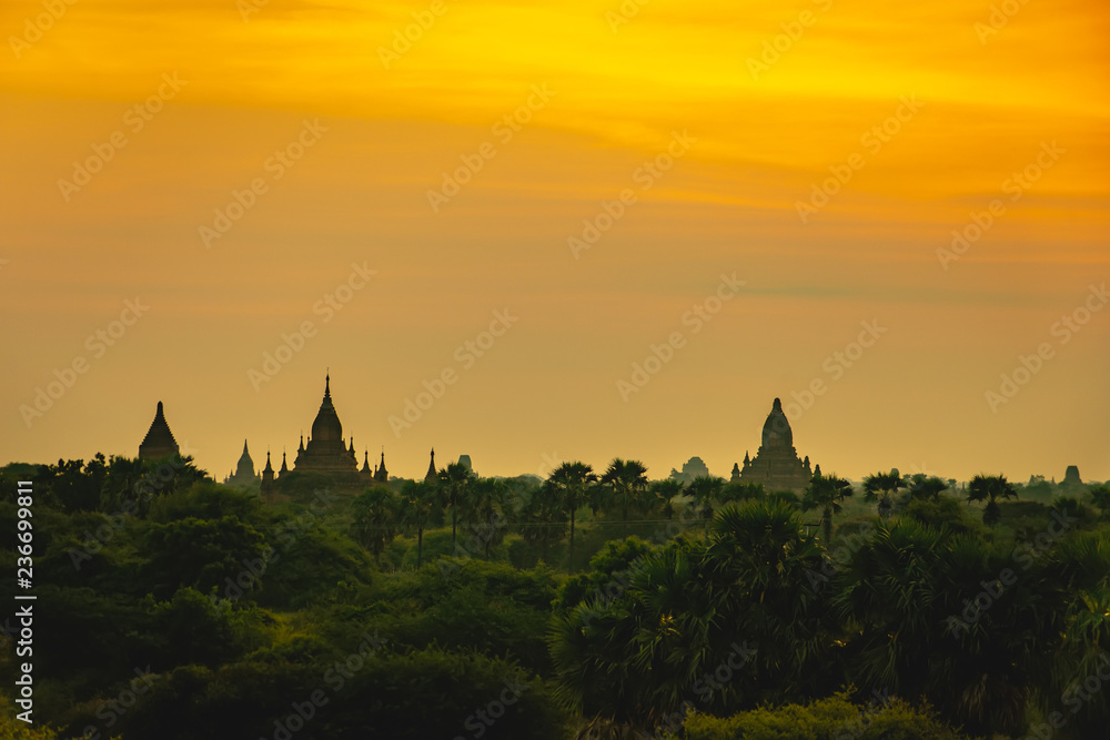 Silhouette of Bagan pagodas at sunrise in Mandalay, Myanmar