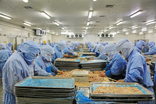 Workers in a meat processing production line, in a food processing enterprise, tangshan city, hebei province, China. photo