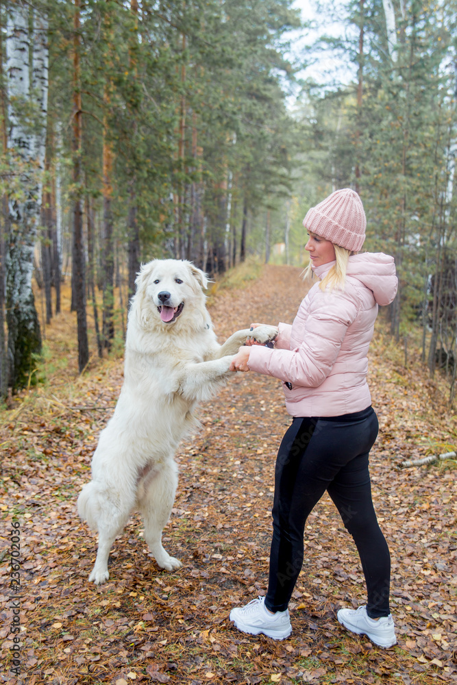 A pretty woman is walking her dog A pretty woman is walking her dog