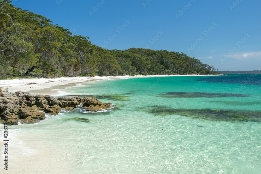 Stunning view of Murrays Beach, located within Booderee National Park in Jervis Bay Territory, a three hours drive south of Sydney, New South Wales, Australia. Beautiful rocks, crystal clear water.