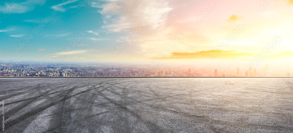 Panoramic city skyline and buildings with empty asphalt road pavement