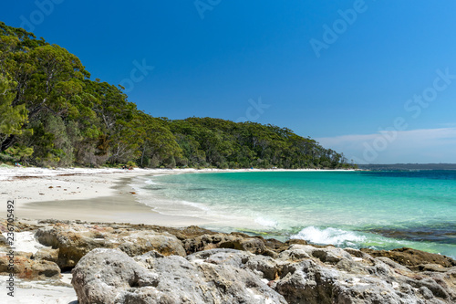 Stunning view of Murrays Beach, located within Booderee National Park in Jervis Bay Territory, a three hours drive south of Sydney, New South Wales, Australia. Beautiful rocks, crystal clear water. photo