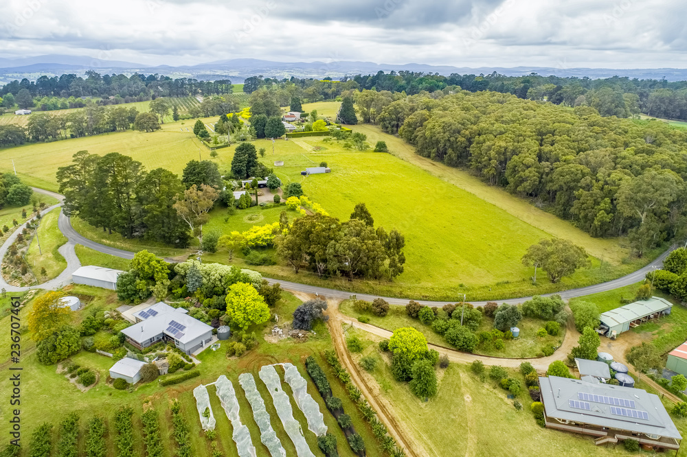 Aerial view of agricultural land and trees in Melbourne, Australia