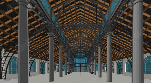 colour illustration perspective of the interior of a modernist warehouse