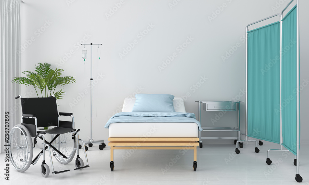 Hospital room with bed and table, 3D rendering Hospital room with bed and table, 3D rendering