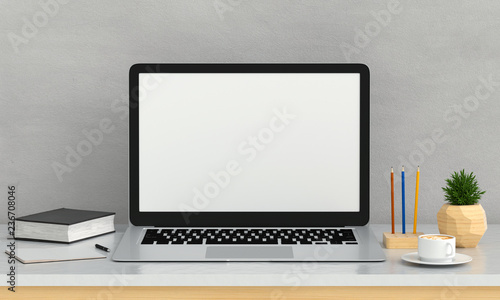 Laptop display for mockup on table, 3D rendering