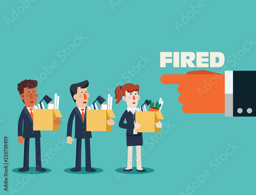 Dismissed frustrated business person holding a box with his things. Angry boss firing employee. Unemployment, crisis, jobless and employee job reduction concept vector design