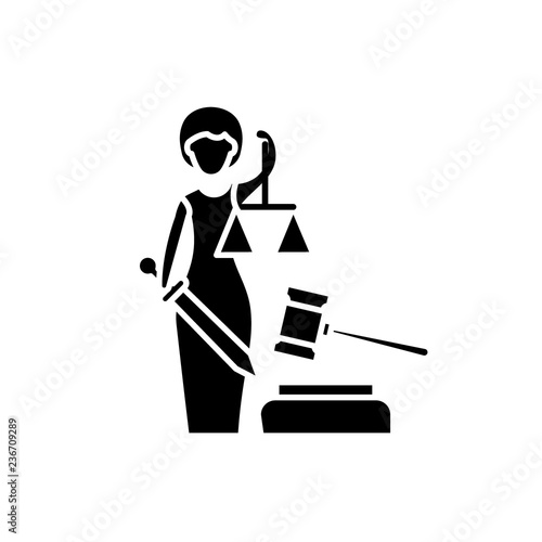 Justice black icon, concept vector sign on isolated background. Justice illustration, symbol