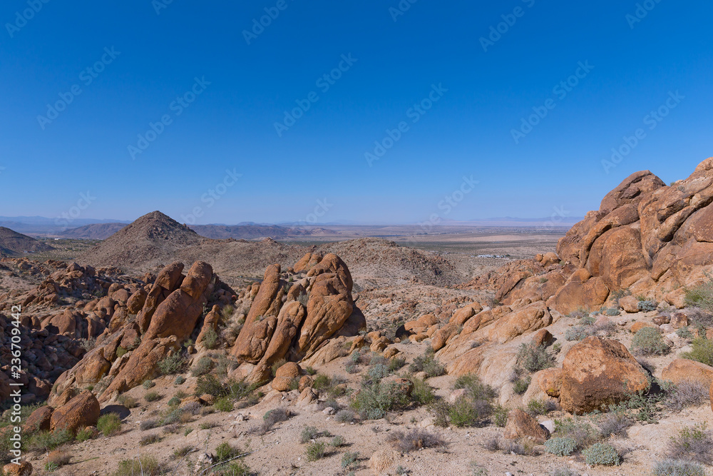 A desert with rock formations, valleys and distant mountain chain on horizon. A view from the trail of Joshua Tree National Park, California USA.