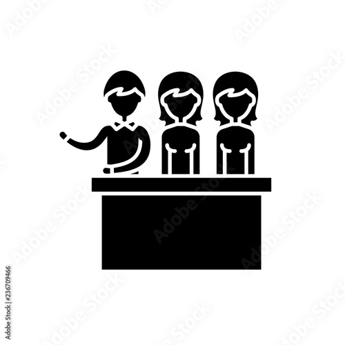 Jury trial black icon, concept vector sign on isolated background. Jury trial illustration, symbol